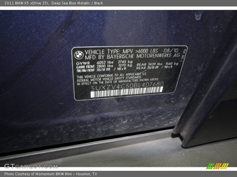 Deep Sea Blue Metallic / Black 2011 BMW X5 xDrive 35i