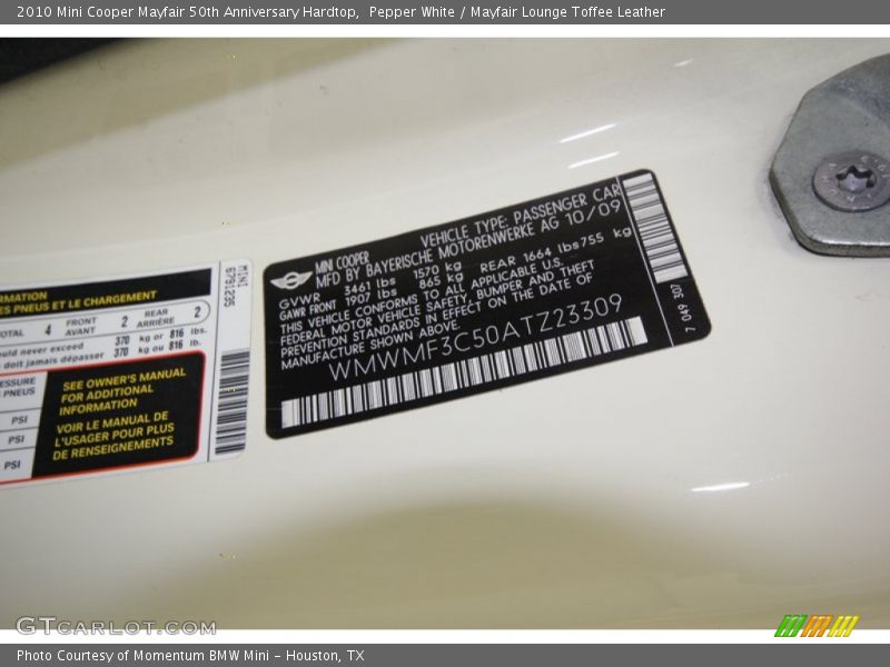 Info Tag of 2010 Cooper Mayfair 50th Anniversary Hardtop
