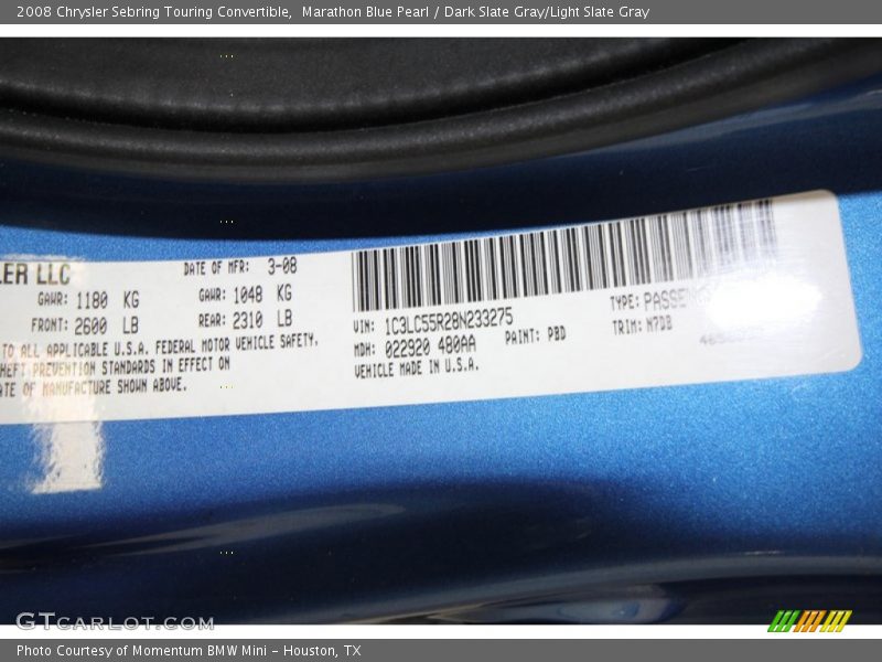 2008 Sebring Touring Convertible Marathon Blue Pearl Color Code PBD