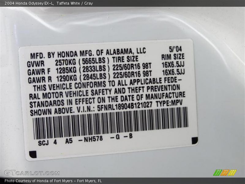 Taffeta White / Gray 2004 Honda Odyssey EX-L