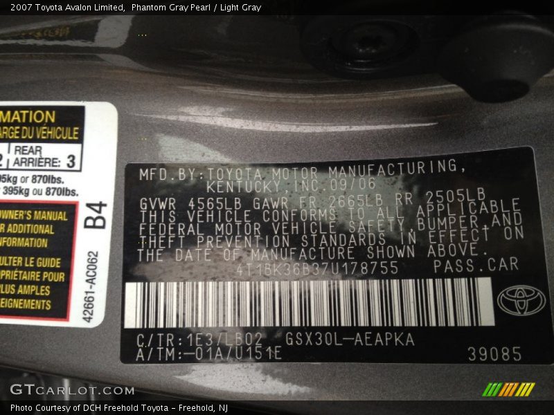 2007 Avalon Limited Phantom Gray Pearl Color Code 1E3