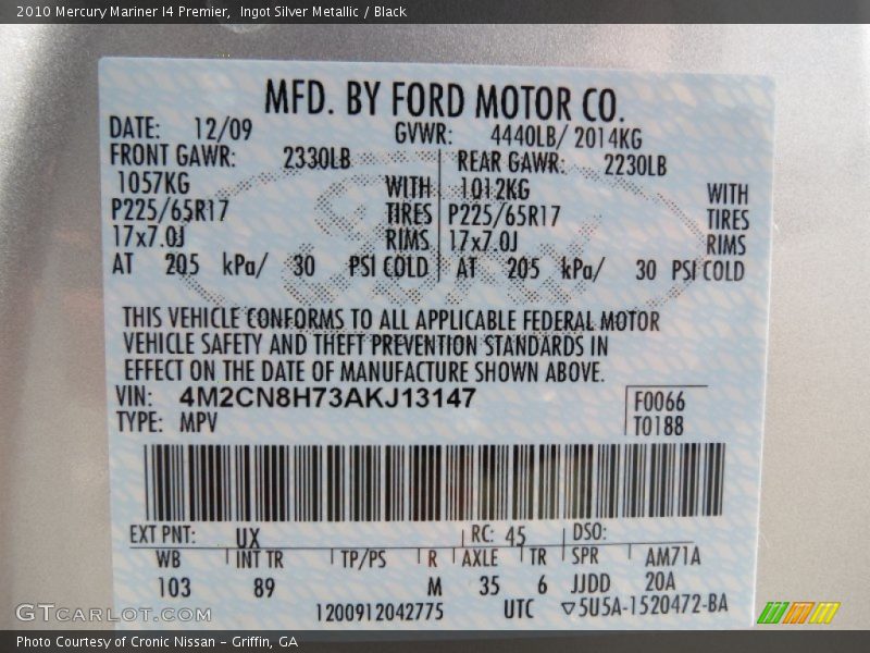 2010 Mariner I4 Premier Ingot Silver Metallic Color Code UX