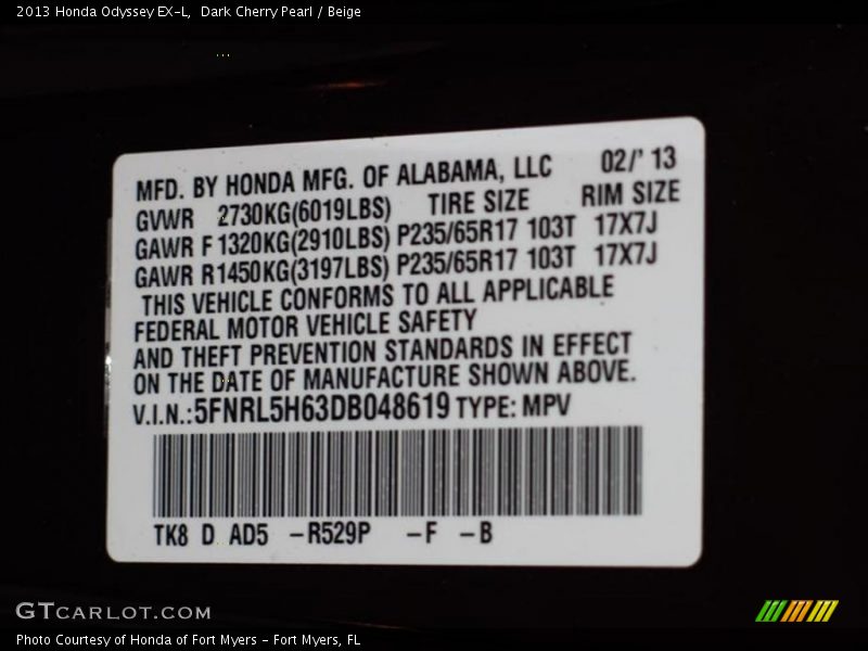 Dark Cherry Pearl / Beige 2013 Honda Odyssey EX-L