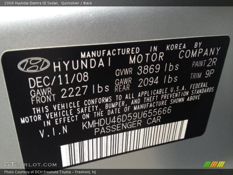 2009 Elantra SE Sedan Quicksilver Color Code 2R