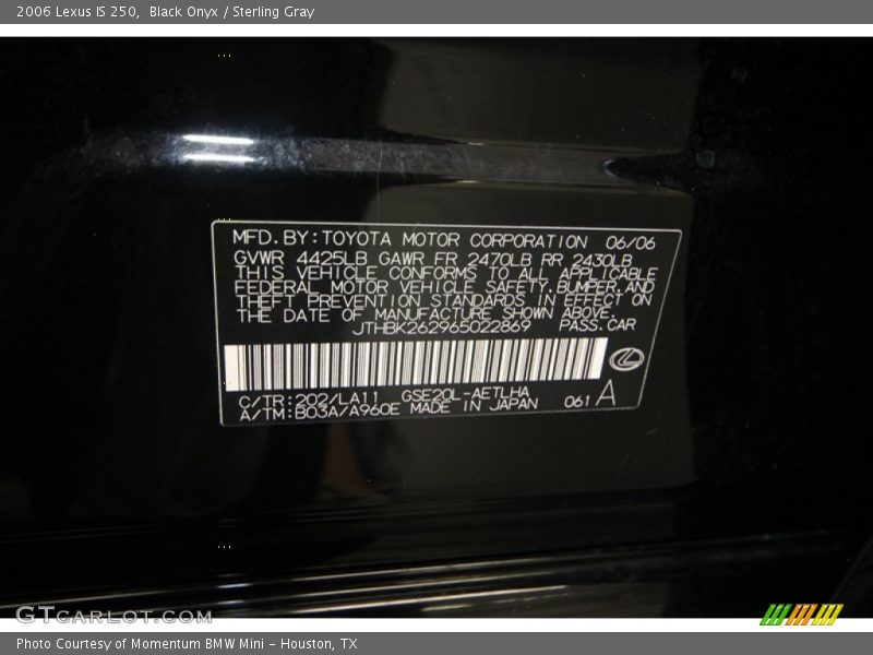 2006 IS 250 Black Onyx Color Code 202