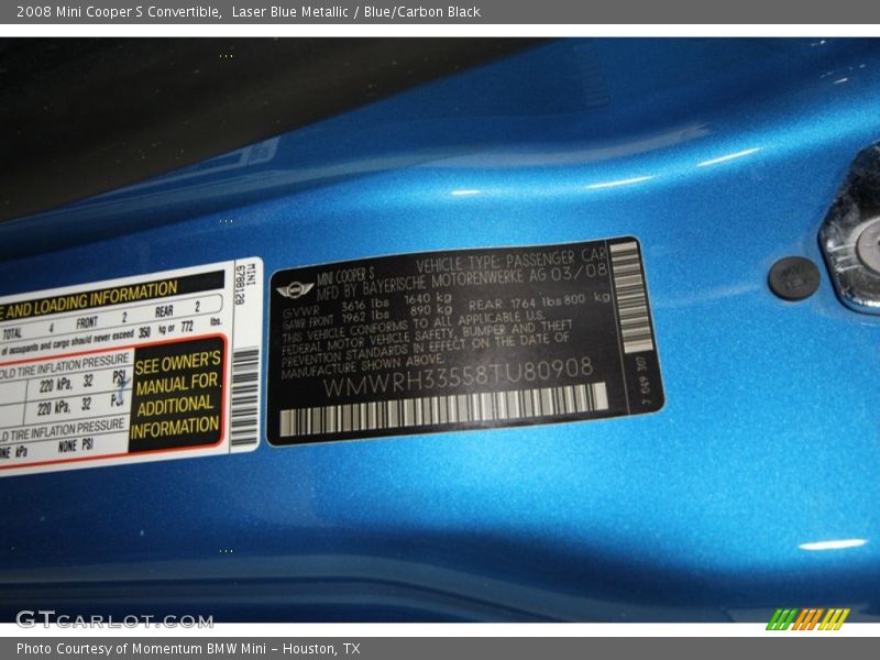 Info Tag of 2008 Cooper S Convertible