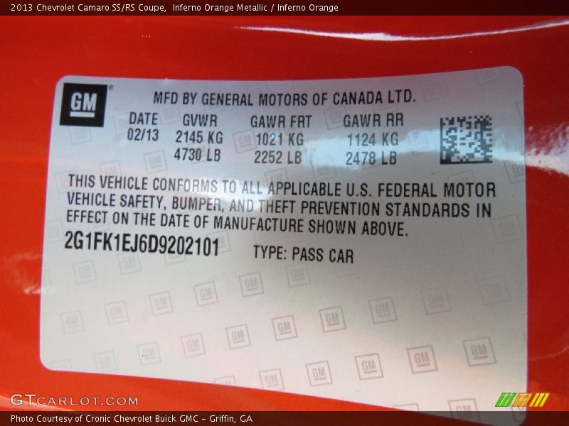 Info Tag of 2013 Camaro SS/RS Coupe