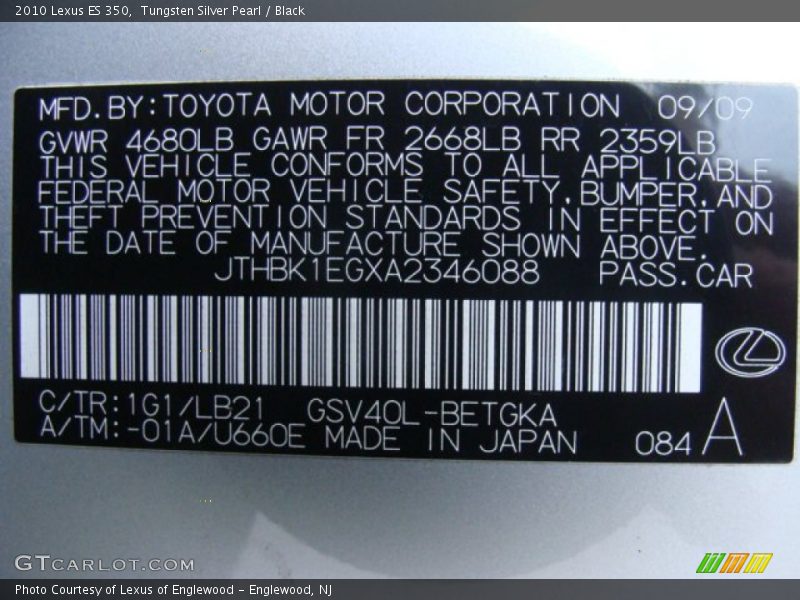 Tungsten Silver Pearl / Black 2010 Lexus ES 350