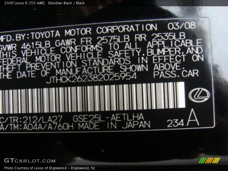 Obsidian Black / Black 2008 Lexus IS 250 AWD