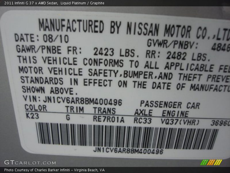 Liquid Platinum / Graphite 2011 Infiniti G 37 x AWD Sedan