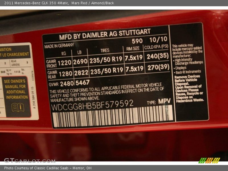 2011 GLK 350 4Matic Mars Red Color Code 590