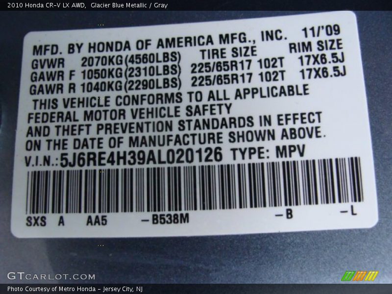Glacier Blue Metallic / Gray 2010 Honda CR-V LX AWD