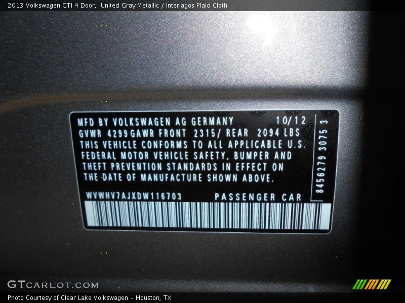 United Gray Metallic / Interlagos Plaid Cloth 2013 Volkswagen GTI 4 Door