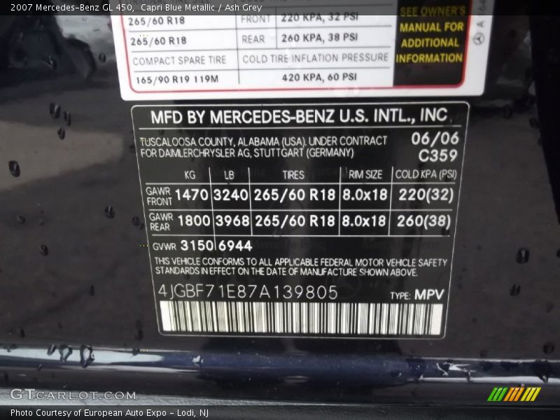 2007 GL 450 Capri Blue Metallic Color Code 359