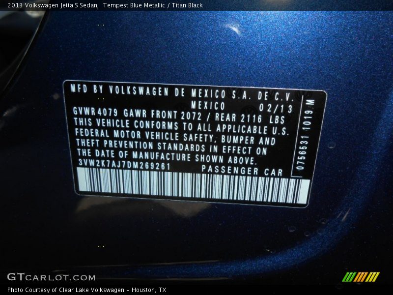 Tempest Blue Metallic / Titan Black 2013 Volkswagen Jetta S Sedan