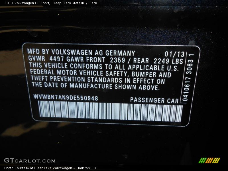 Deep Black Metallic / Black 2013 Volkswagen CC Sport