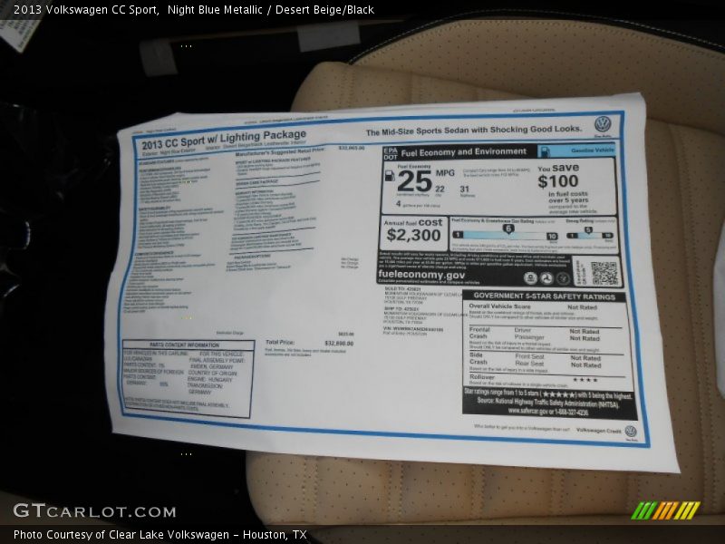 Night Blue Metallic / Desert Beige/Black 2013 Volkswagen CC Sport