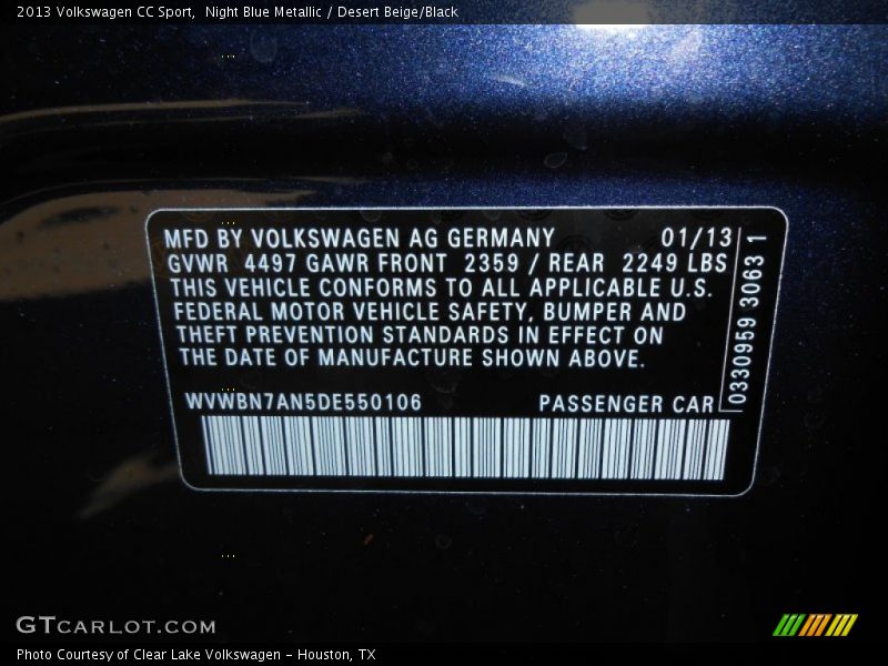 Night Blue Metallic / Desert Beige/Black 2013 Volkswagen CC Sport