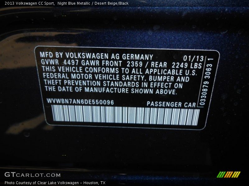 Night Blue Metallic / Desert Beige/Black 2013 Volkswagen CC Sport