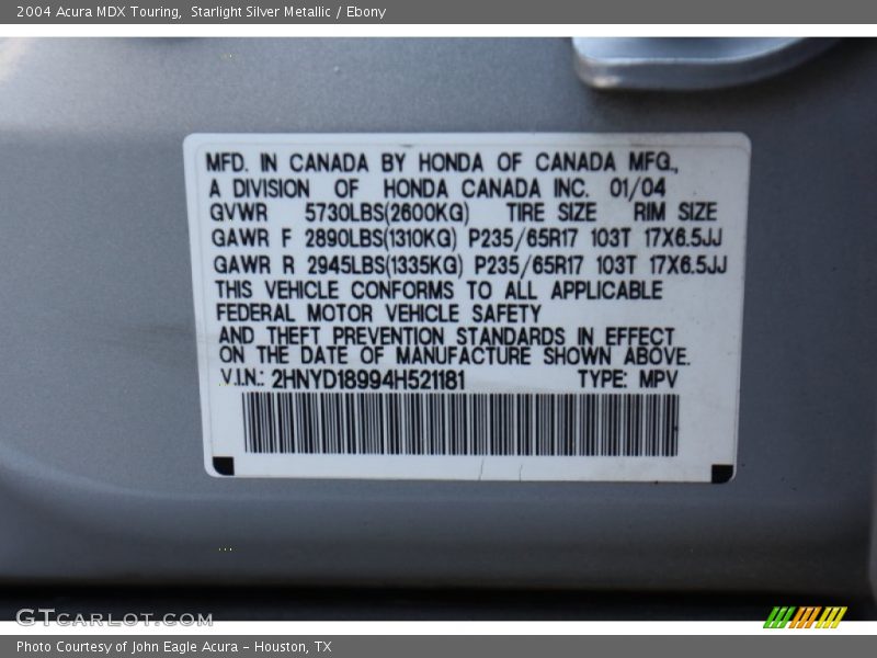 Starlight Silver Metallic / Ebony 2004 Acura MDX Touring