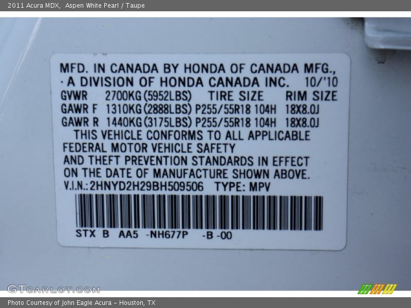 Aspen White Pearl / Taupe 2011 Acura MDX