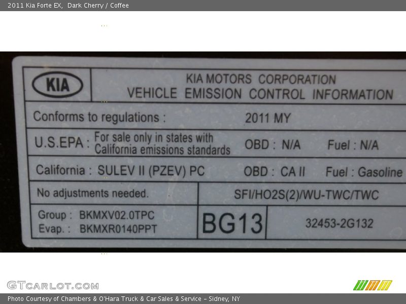 Info Tag of 2011 Forte EX