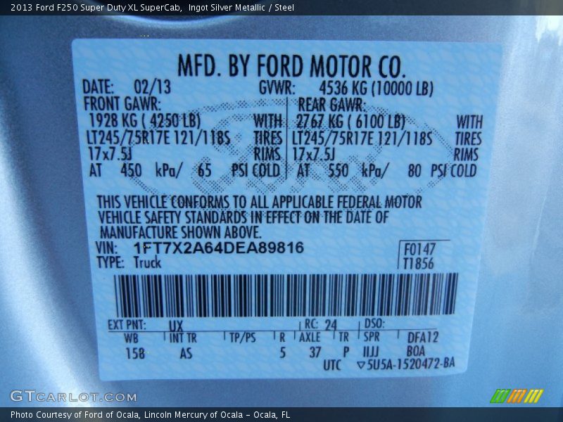 2013 F250 Super Duty XL SuperCab Ingot Silver Metallic Color Code UX