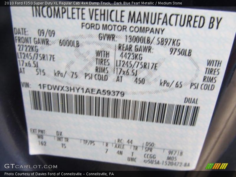 2010 F350 Super Duty XL Regular Cab 4x4 Dump Truck Dark Blue Pearl Metallic Color Code DX