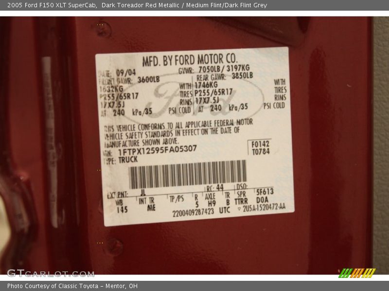 2005 F150 XLT SuperCab Dark Toreador Red Metallic Color Code JL
