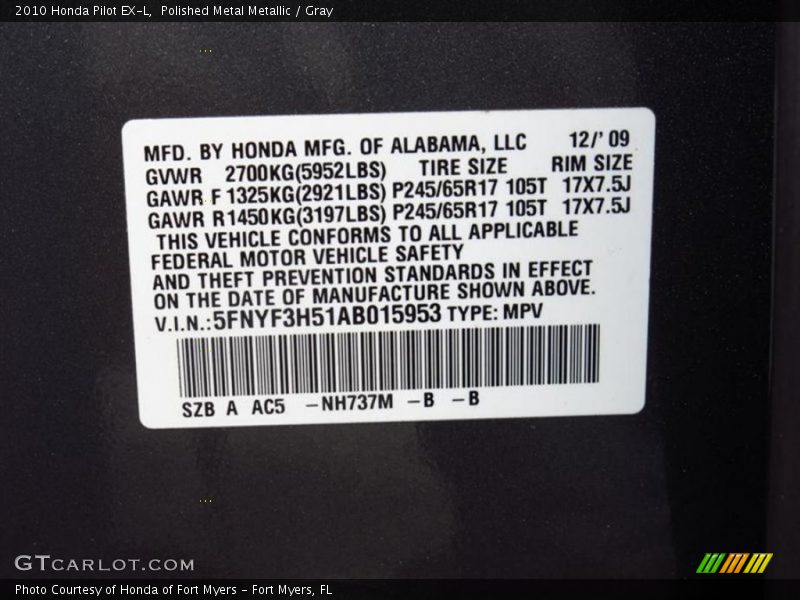 Polished Metal Metallic / Gray 2010 Honda Pilot EX-L