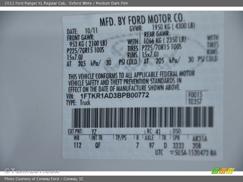2011 Ranger XL Regular Cab Oxford White Color Code YZ
