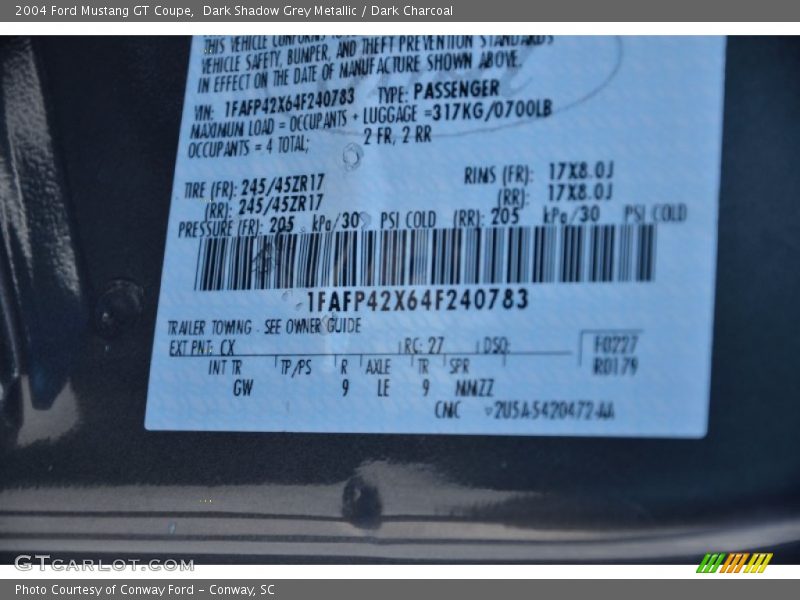 2004 Mustang GT Coupe Dark Shadow Grey Metallic Color Code CX