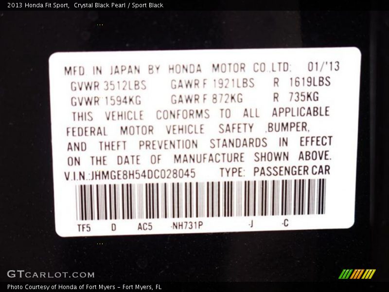 2013 Fit Sport Crystal Black Pearl Color Code NH731P
