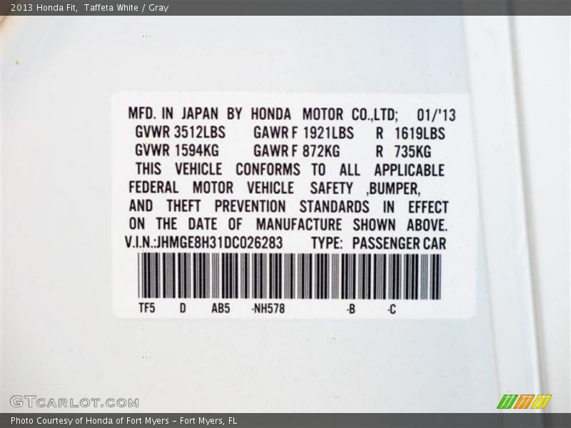 Taffeta White / Gray 2013 Honda Fit