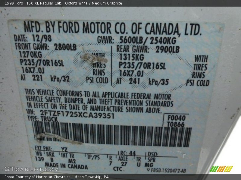 Oxford White / Medium Graphite 1999 Ford F150 XL Regular Cab