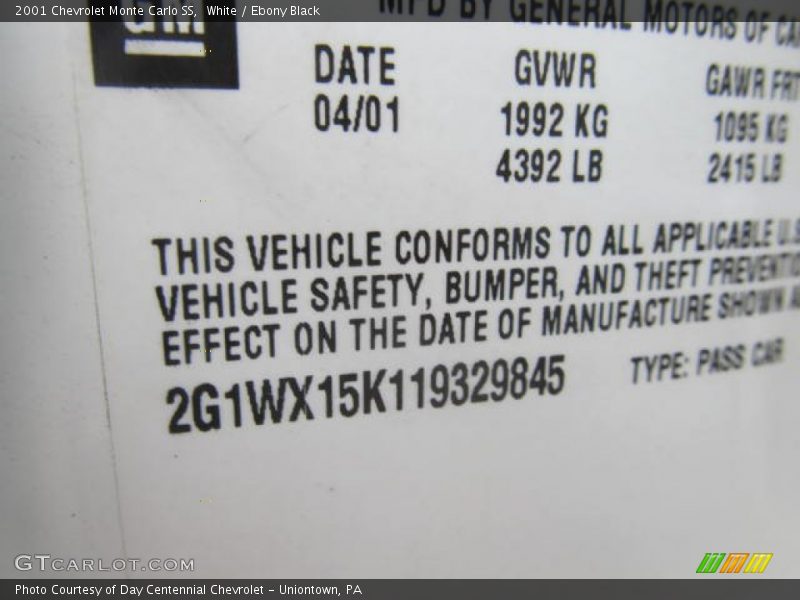 White / Ebony Black 2001 Chevrolet Monte Carlo SS
