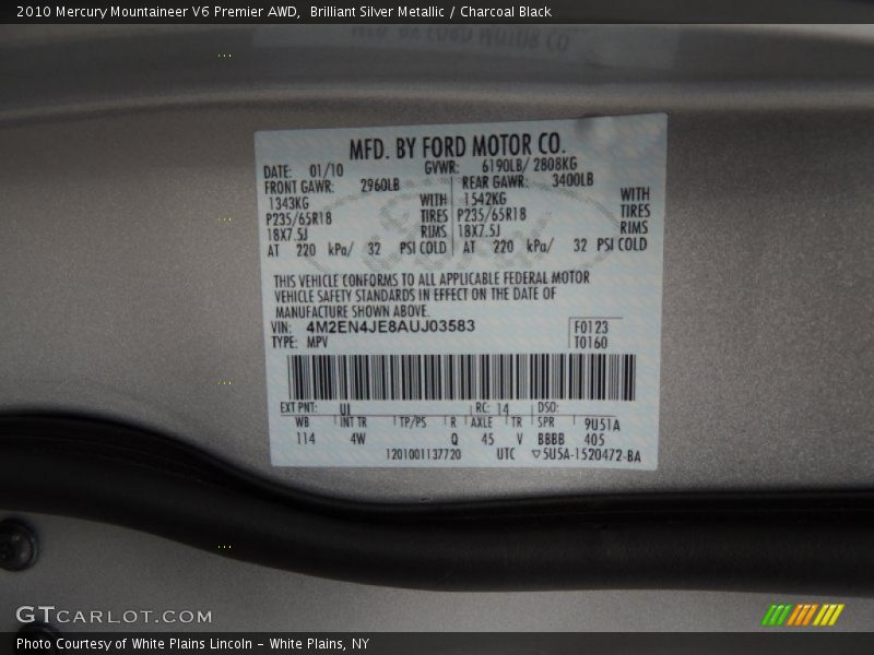Brilliant Silver Metallic / Charcoal Black 2010 Mercury Mountaineer V6 Premier AWD