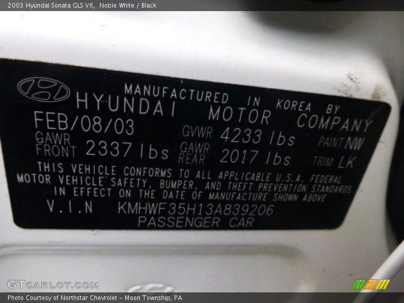 Noble White / Black 2003 Hyundai Sonata GLS V6