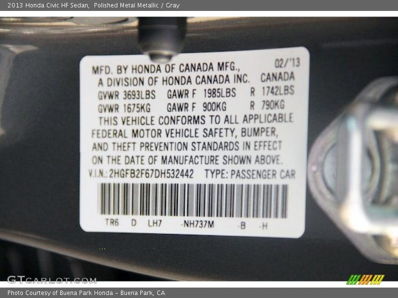 Polished Metal Metallic / Gray 2013 Honda Civic HF Sedan