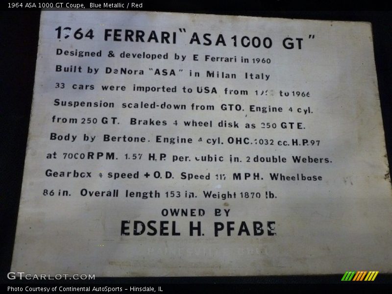 Info Tag of 1964 1000 GT Coupe