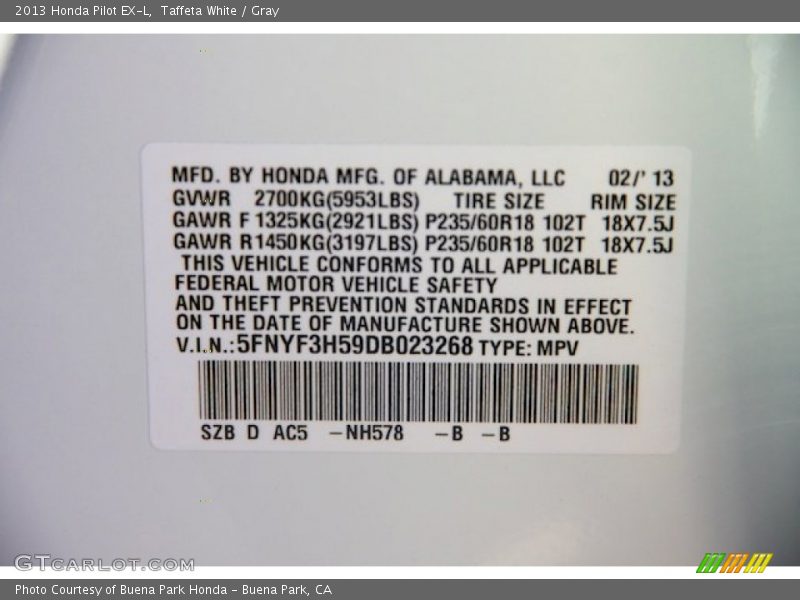 Taffeta White / Gray 2013 Honda Pilot EX-L