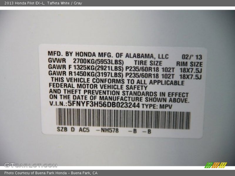 Taffeta White / Gray 2013 Honda Pilot EX-L