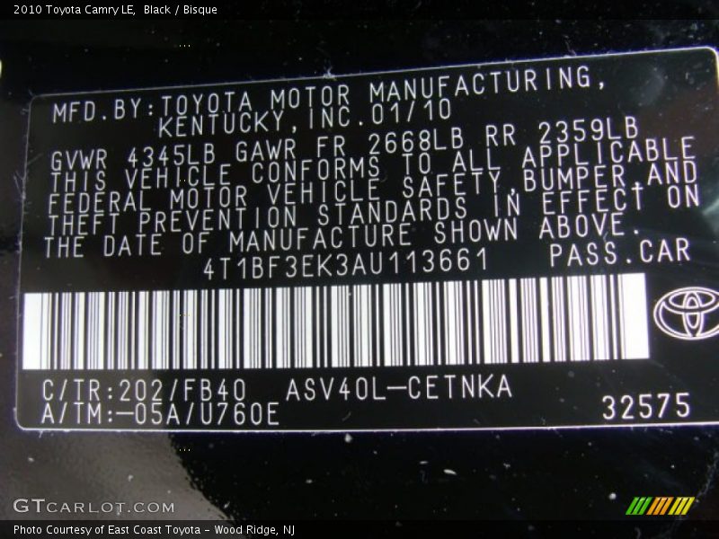 Black / Bisque 2010 Toyota Camry LE