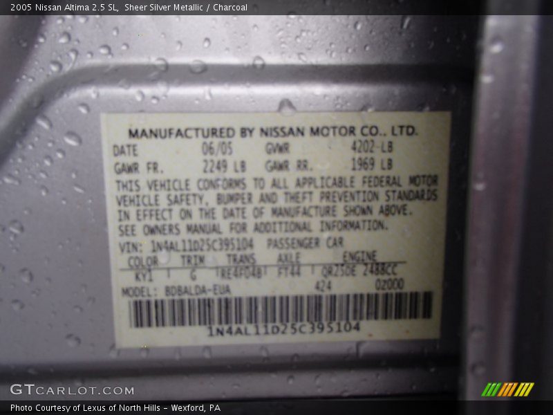 Sheer Silver Metallic / Charcoal 2005 Nissan Altima 2.5 SL