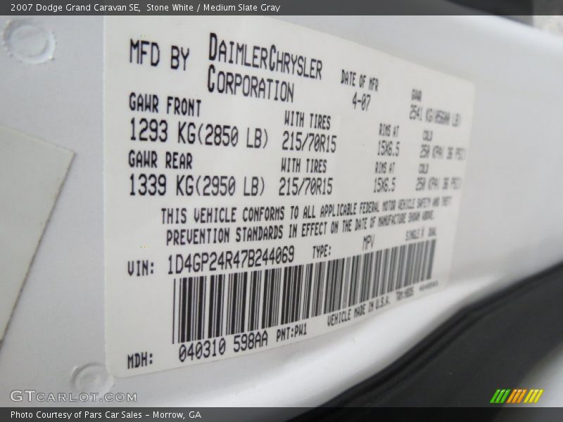 Stone White / Medium Slate Gray 2007 Dodge Grand Caravan SE