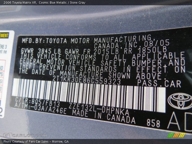 2006 Matrix XR Cosmic Blue Metallic Color Code 8Q5