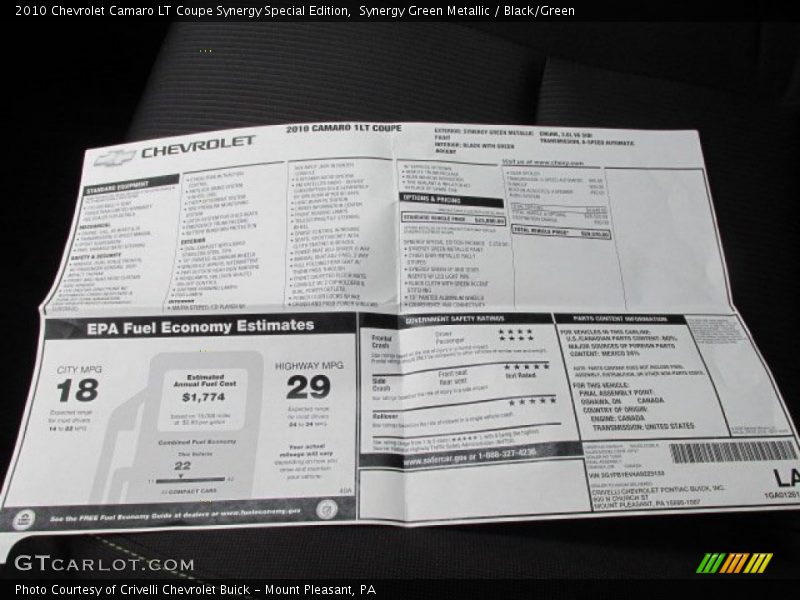  2010 Camaro LT Coupe Synergy Special Edition Window Sticker