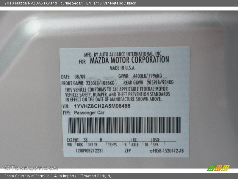 2010 MAZDA6 i Grand Touring Sedan Brilliant Silver Metallic Color Code 38H