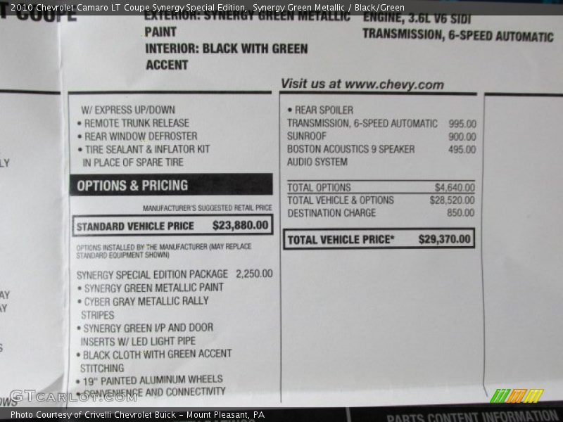  2010 Camaro LT Coupe Synergy Special Edition Window Sticker