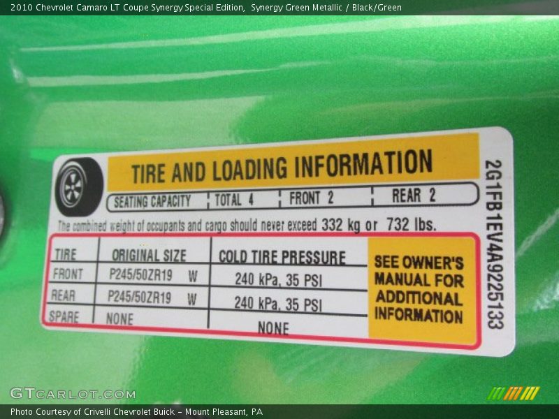 Info Tag of 2010 Camaro LT Coupe Synergy Special Edition